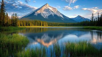 Picturesque Lake and Mountain Landscape Reflection with Forest and Blue Sky photo