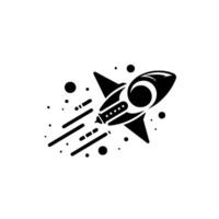Bold black and white retrofuturistic illustration of a stylized rocket ship soaring through space, leaving trails of dots and lines. vector