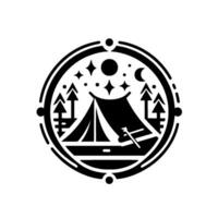 Black and white camping emblem featuring tent, forest, night sky with moon, stars, and surrounding circle border. vector