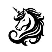 Mystical Unicorn Head in Black and White with Flowing Mane, Horn, Closed Eyes on White Background, . vector