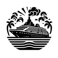 Style Cruise Ship at Sea with Palm Trees, Sunburst, and Smoke, in a Round Frame, Black and White vector