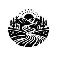 A stylized black and white nature scene within a circle, featuring mountains, a winding river, tall pine trees, and a sunburst. vector