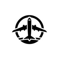 A monochrome of a stylized airplane silhouette encased within a bold circular frame, representing air travel. vector