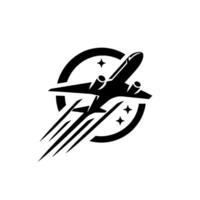 Sleek Black and White of a TwinEngine Airplane Soaring Through the Sky, Embellished with Stars and a Circular Emblem. vector