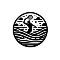 Silhouette Tennis Player Playing in the Waves Inside a Round Frame with Clouds and Balls, Black and White Art. vector