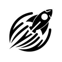 Bold Black and White Illustration of a Rocket Ship Soaring Through a Curved, Abstract Path on a Clean White Background. vector