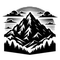 Bold Black and White Illustration of a Majestic Mountain Range Under a Striped Sun with Clouds and Evergreen Trees in the Foreground. vector