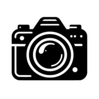 Stylized Black and White Camera with Lens, Flash, Buttons, and Minimalist Aesthetic on White Background. vector