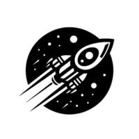 A stylized black and white rocket ship blasting off against a cosmic backdrop of stars, inside a circular field, with three thruster trails. vector