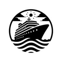 Circular Black and White Illustration Cruise Ship with Sun, Clouds, and Waves, inside a Rounded Frame, Style, Maritime Theme. vector