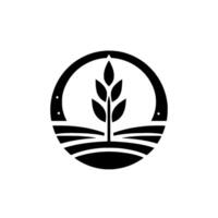 A minimalist of a stylized plant growing from a field, encompassed by a circular frame with dot details, in black and white. vector