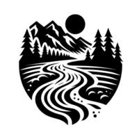 Stylized, black and white illustration a mountain landscape with river, sun, and pine trees arranged in a circular . vector