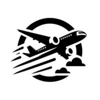 Black and White Jet Airplane Illustration A sleek airliner soaring, framed by a circle, with speed lines, against a clean white backdrop. vector