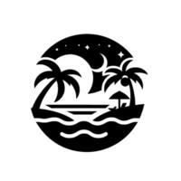 Silhouette of a Tropical Night Scene Palm Trees, Moon, Stars, Ocean and a Beach with Umbrella within a Circular Frame. vector