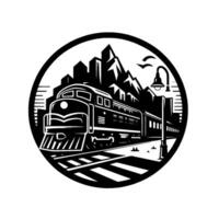 Vintagestyle circular illustration of a black and white train against a cityscape and mountainous background. vector