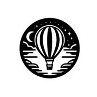 Black and white circular illustration of a hot air balloon floating through a starlit sky with a crescent moon and cloud silhouettes. vector