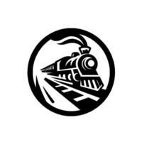 Black and white circular featuring a steam train traveling on tracks with smoke, in minimalist style. vector