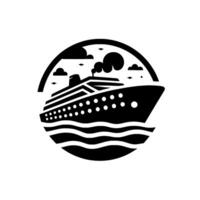 Black and White Cruise Ship , Circular with Clouds, Waves, and a Decorative Arch, Representing Travel and Maritime Tourism. vector