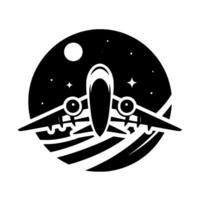 Black and white stylized illustration of a propeller plane soaring against a starry night sky within a circular frame. vector