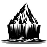 Monochrome Silhouette A majestic iceberg with sharp edges, icicles, a small ship at sea, and dynamic wavy water patterns, all in stark black and white. vector