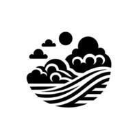 Stylized black and white illustration of a seascape with swirling waves, clouds, and sun in a circular composition. vector