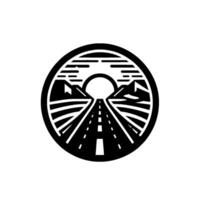 Stylized Circular Emblem of a Mountain Road Leading Towards a Sunlit Horizon with Minimalist Art vector