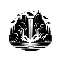 Black and White Illustration of Majestic Waterfall Cascading from Rocky Mountains, with Trees, Clouds, and Reflective Water. vector
