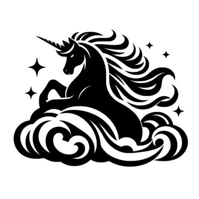 Majestic Black Unicorn Rising from Swirling Clouds with Starry Embellishments Fantasy Silhouette.