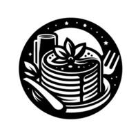 Black and white circular illustration featuring a stack of pancakes topped with a floral , alongside a mug, cutlery, and stars. vector