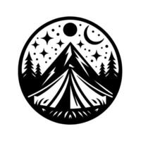 A stylized black and white illustration within a circle, featuring a tent below a mountain, framed by evergreen trees, under a night sky with stars, the moon, and the sun. vector