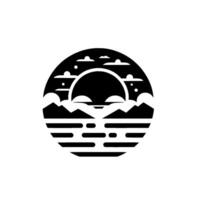 A minimalist black and white circular depicting a sunset over a mountain range and water, with stylized clouds. vector