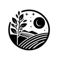 A tranquil monochrome emblem featuring a leafy sapling amidst stylized fields, mountains, a crescent moon, and stars within a circular frame. vector