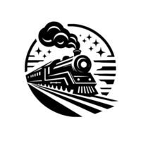 illustration of a vintage steam train speeding through a starfilled night, set inside a circular border, creating a classic, nostalgic atmosphere. vector