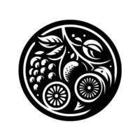 Stylized Black and White Fruit Medley Inside a Circular Frame Depicting Grapes, Citrus, and Foliage. vector