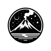 A stylized black and white circular depicting a mountain, nighttime landscape, and a crescent moon with emitting smoke in the sky, resembling a volcano, against a starry backdrop and reflection vector