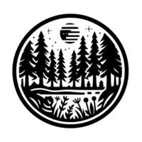 Black and white minimalist illustration within a circle showcasing a forest scene with stylized trees, flowers, and a striped moon. vector