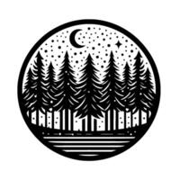 A monochrome circular illustration of a forest at night, featuring pine trees, a crescent moon, stars, and a tranquil lake. vector