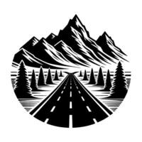 Black and white stylized mountain road scene in a circular frame, leading towards imposing peaks, flanked by trees. vector