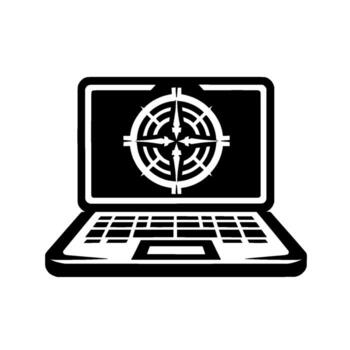 of a black and white laptop displaying a compasslike target on its screen, symbolizing direction and technology. vector