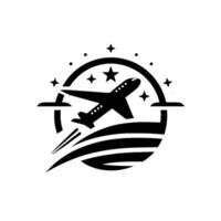 Black and white travel featuring an airplane soaring above stylized waves, surrounded by stars, dots, and a circular frame. vector