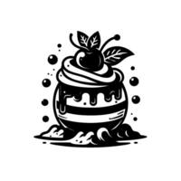 Black and White Illustration of a Dessert Cupcake with Cherry and Leaves, Dripping Icing, and Bubbles, Isolated on White vector
