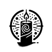 Minimalist Black and White Candle with Decorative Circle and Light Burst, on White Background. vector