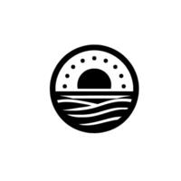 Minimalist Emblem Black and White Circle Composition with Sun and Sea, Eight Dots Above, Geometric Waves Below, Emblematic and Symbolic. vector