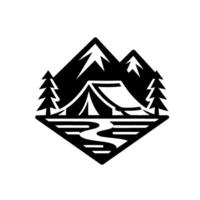 Black and White Camping Tent, Mountains, Trees, and River Within a Rhombus Frame, Representing Outdoors, Adventure, and Nature. vector