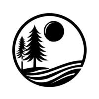Minimalist Circular Emblem Depicting a Forest Scene with Trees, Sun and Water Waves in Black and White vector