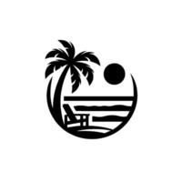 Minimalist black and white of a tropical beach scene within a circular frame, featuring palm tree, chair, sun, and water. vector