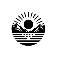 Black and white circular featuring mountains, a lake, and a sun with rays, evoking tranquility and nature. vector
