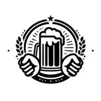 Black and white beer , featuring a frothy beer stein cradled by two stylized fists, surrounded by a laurel wreath and a star, with the word BEER. vector
