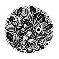 Black and white circular illustration of various fresh fruits and vegetables arranged in a decorative, stylized composition. vector