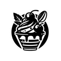 A black and white of a cupcake, with cherries, a spoon, and a mint leaf, in front of a circle. vector